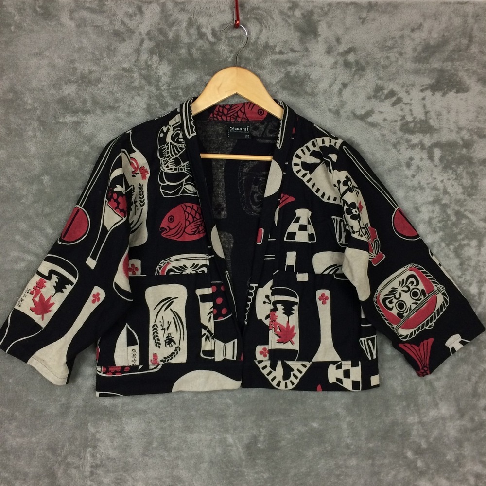 Siamurai Cropped Jacket Sake Bottle Print 100% Cotton One Size Art to Wear